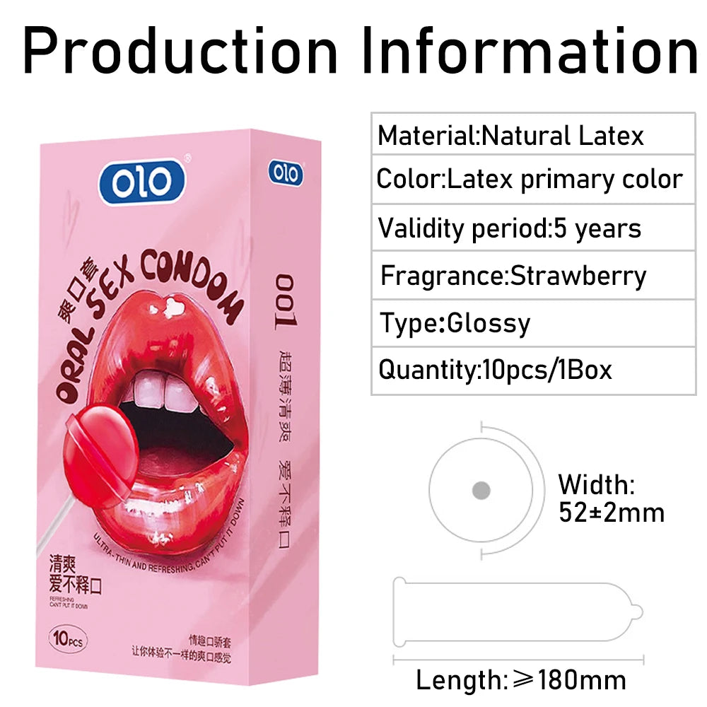 OLO 10Pcs Oral Sex Condoms with Strawberry Taste Safe Sex Penis Sleeve Condom Intimate Goods Tongue Sex Lick Dick Toys for Adult