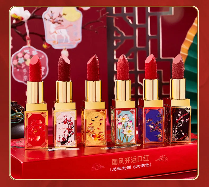 Chinese Style Carved Lipstick Set Forbidden City Christmas Gift Box Moisturizing Show Whiteness New Year Makeup Cosmetic - Seprincess