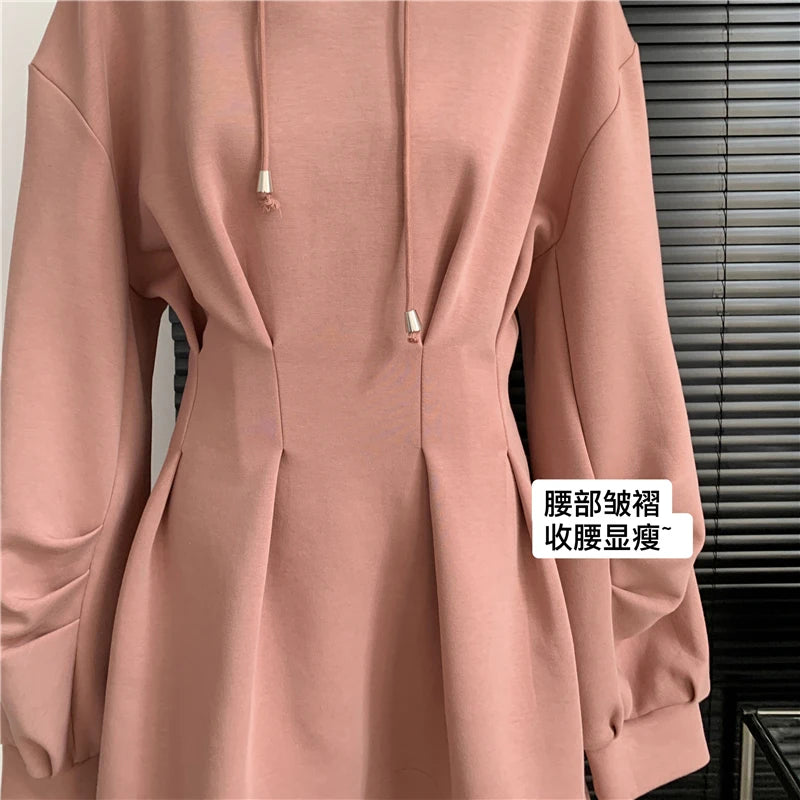 Autumn Winter Y2k Long Sleeve Midi Hoodies Dress Women 2000s Aesthetic Tunic Frocks Solid Color One-Piece Gyaru Dark Academia - Seprincess