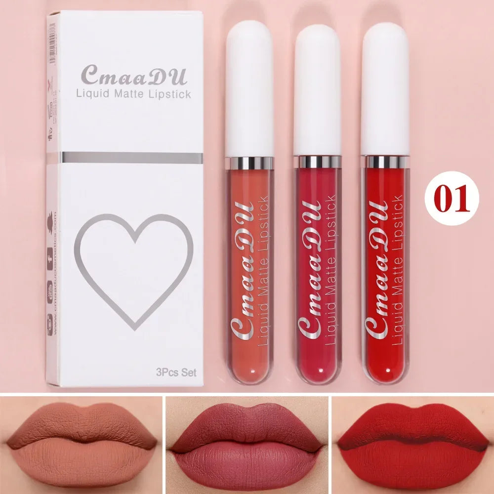 3Pcs/Set Waterproof Matte Nude Lip Gloss Brown Nude Pigment Dark Red Long Lasting Velvet Liquid Lipstick Women Makeup Lip Glaze - Seprincess