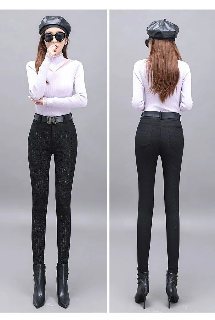 Rhinestone Black Denim Pencil Pants Women's Jeans Autumn New European Elastic Slim Fit High Waisted Strech Jean Pants for Women