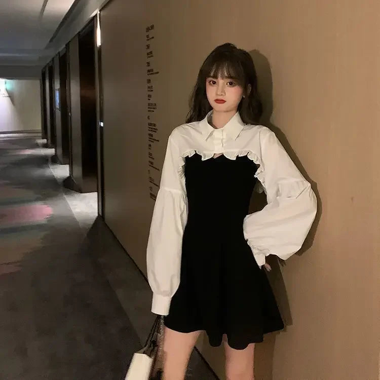 Autumn Women Sexy Black Spaghetti Strap Dress and White Long Sleeve Blouses Crop Tops Korean Fashion Mini Vestidos - Seprincess