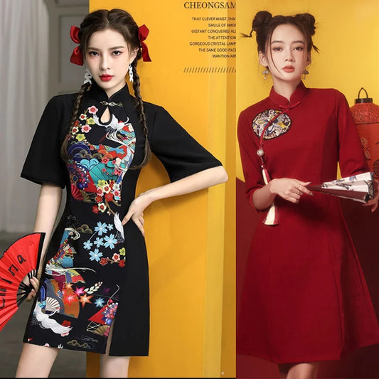 2024 Spring Cheongsam Traditional Chinese Qipao Costume Trendy Short Vintage Dress Sexy Women Modern New Year Dresses New - Seprincess