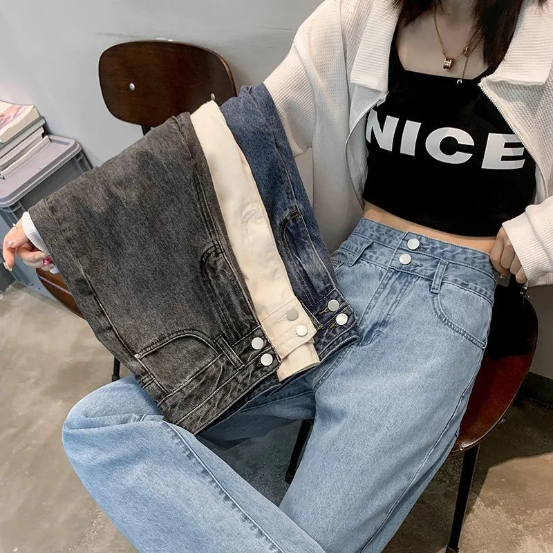 Fashion Denim Jeans Women Casual Autumn Spring Button Design Pants Loose Straight Brand High Quality New Arrivals Trousers