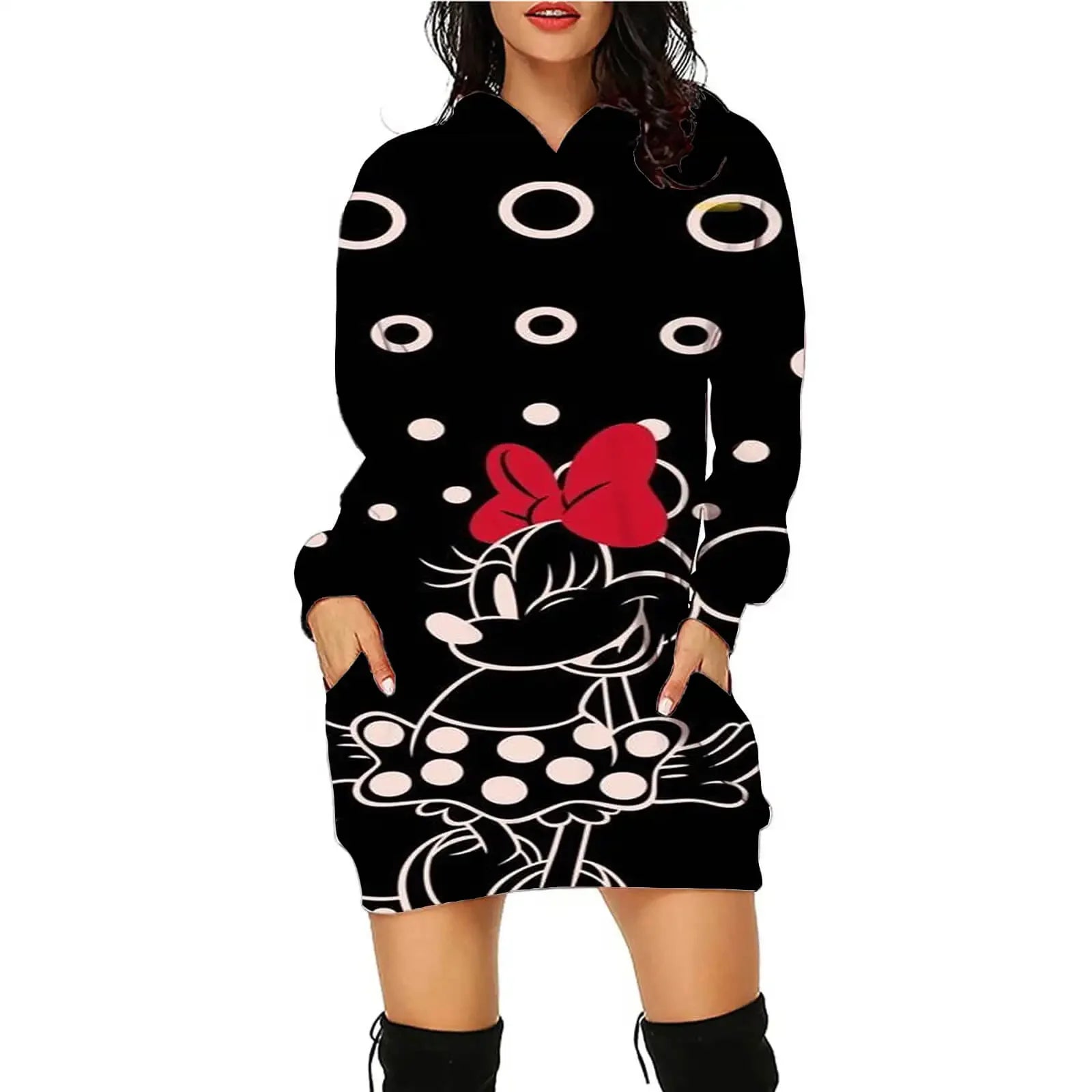 Disney Minnie Mickey Mouse Women's Dress 3D Dye Print Fashion Fall Winter Hoodie Casual Sexy Dress Loose Kawaii Dress - Seprincess