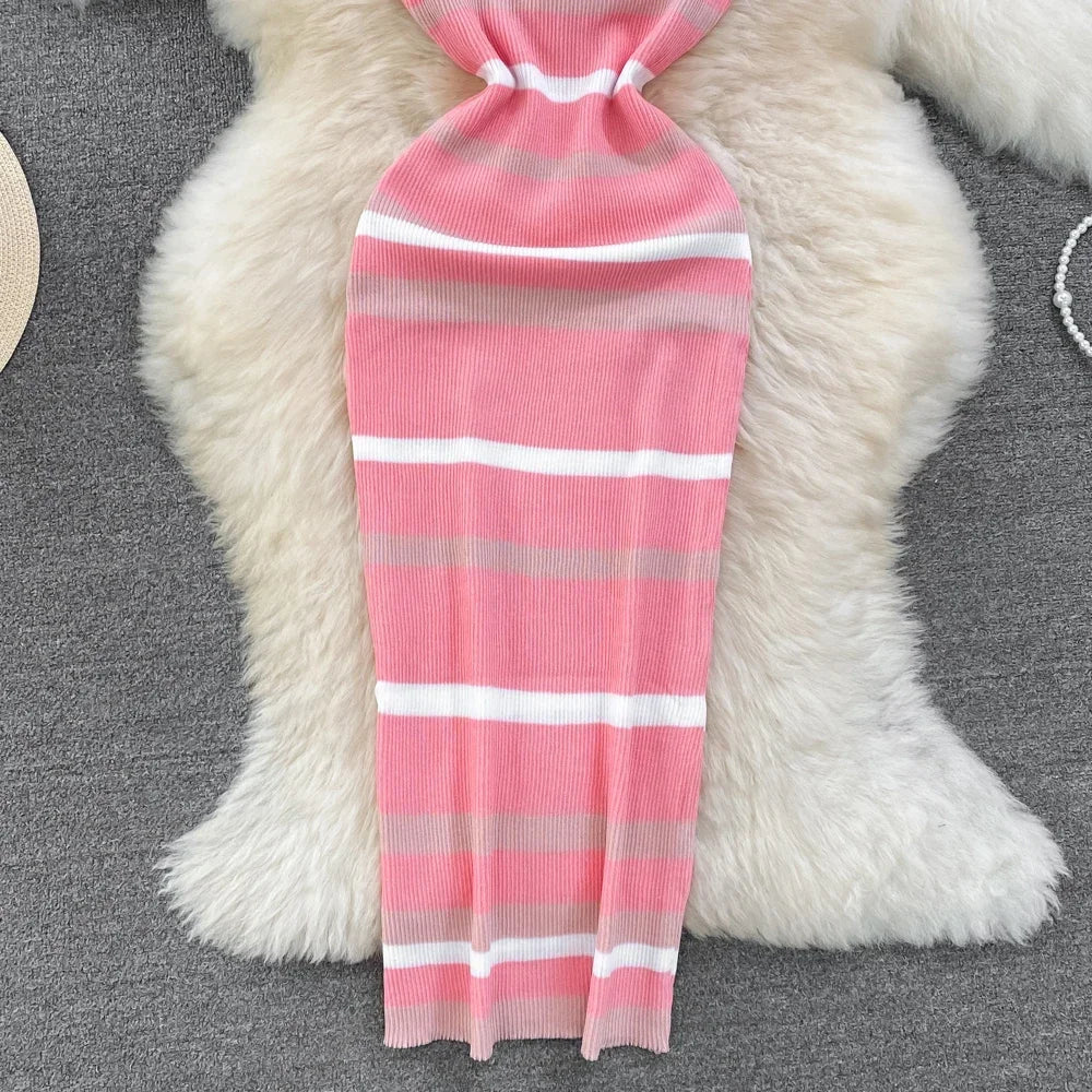 Chic Stripe O-neck Knit Elastic Bodycon Dress Sexy Beach Vacation Sundress Women Casual Slim Pencil Vestidos Maxi Long Dress - Seprincess