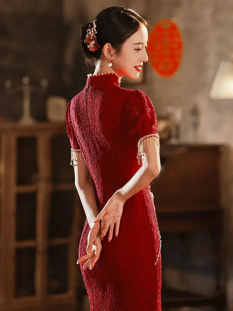 Mermaid Chinese Traditional Dress Red Wedding Bride Toast Clothing Sexy Ladies Cheongsam for Evening Party Woman Vintage Qipao - Seprincess