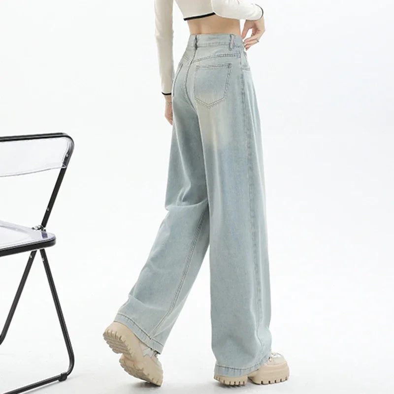 2024 Woman High Waist Vintage Baggy Jeans Lady Streetwear Wide Leg Pants Female Fashion Gray Blue Grey Light Blue Denim Trousers