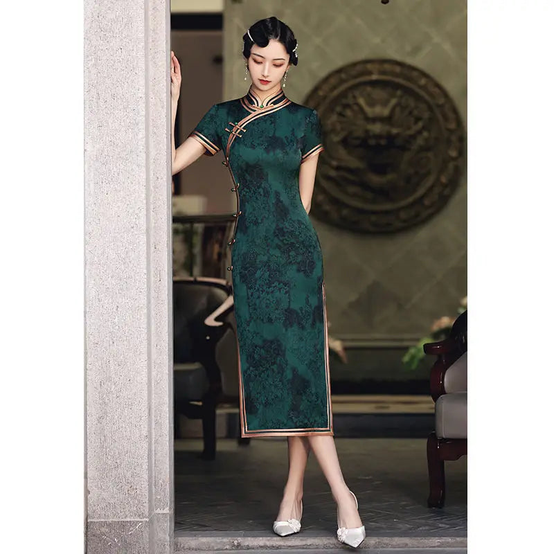 Chinese Vintage Cheongsam Republican Dark Green Improved Retro  Elegant Slim Long Dress Qipao Traditional Clothing for Women - Seprincess