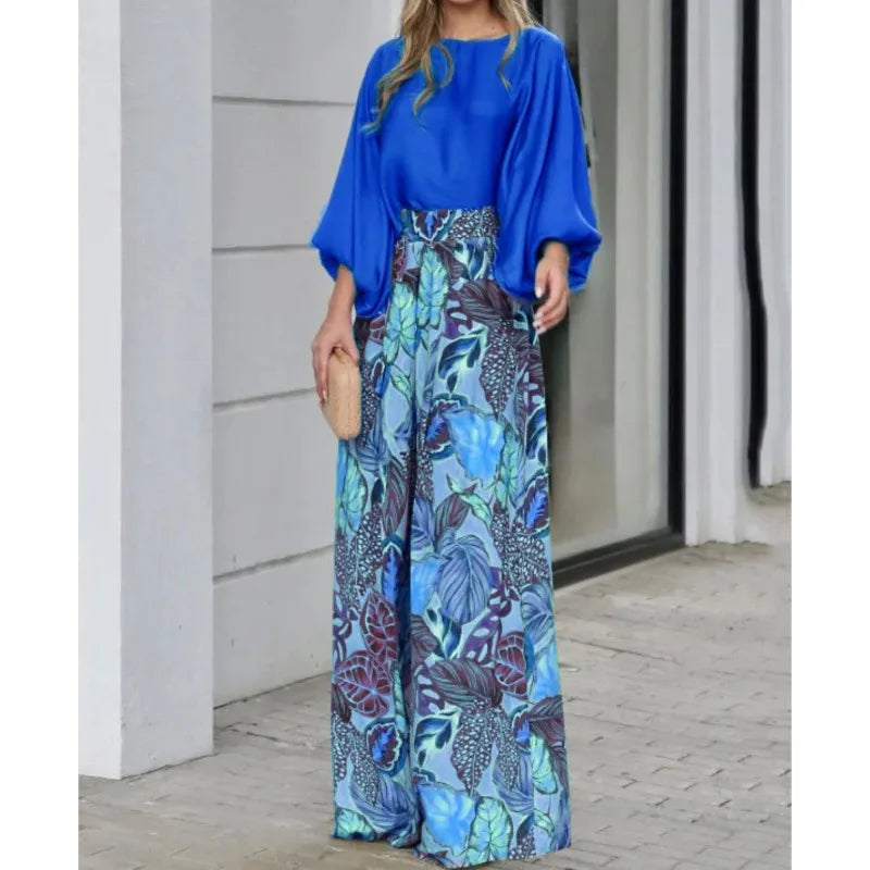 2024 Summer New Women's Clothing Set Lantern Sleeves Loose Top Printed Wide Leg Pants Two Piece Set Casual Ladies Trouser Outfit - Seprincess