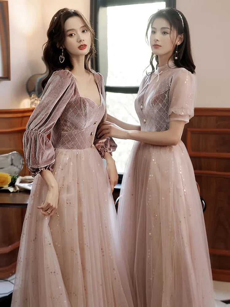 Autumn Winter Bridesmaid Dress New Women's Long Sleeve Corduroy Lace Splicing Style Dress Wedding Sisters Group Evening Dresses - Seprincess