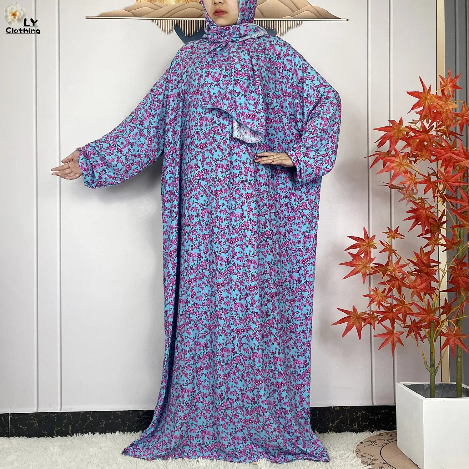 2024Latest Muslim Abayas For Women Ramadan Prayer Maxi Dubai Turkey Femme Cotton Robe Floral Loose African Dress Turban Attached - Seprincess