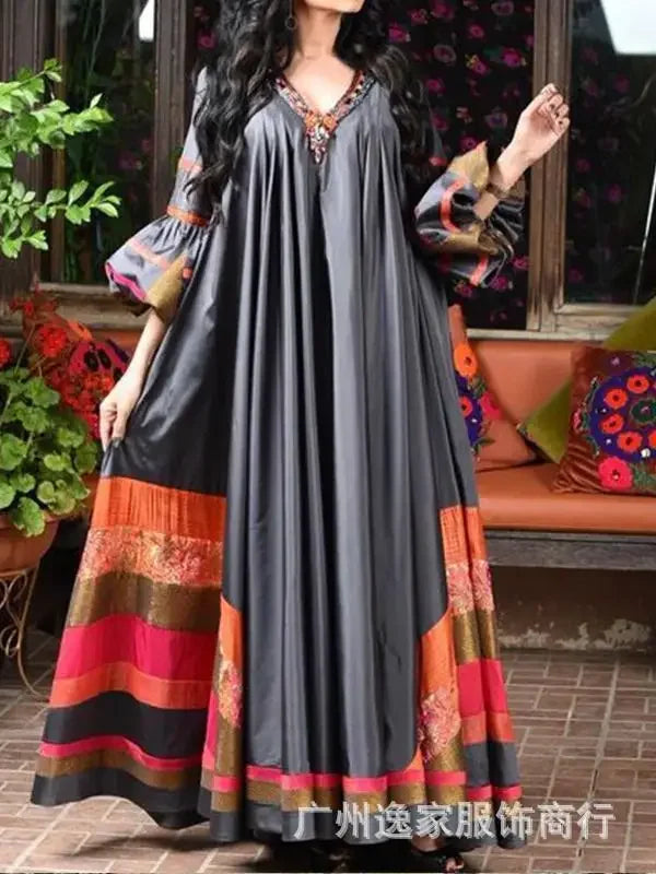 Vintage Printed Dress Women Breathable Loose Middle Eastern Robe Casual Long Sleeve Abaya V-neck Loose Muslim Abayas for Women - Seprincess