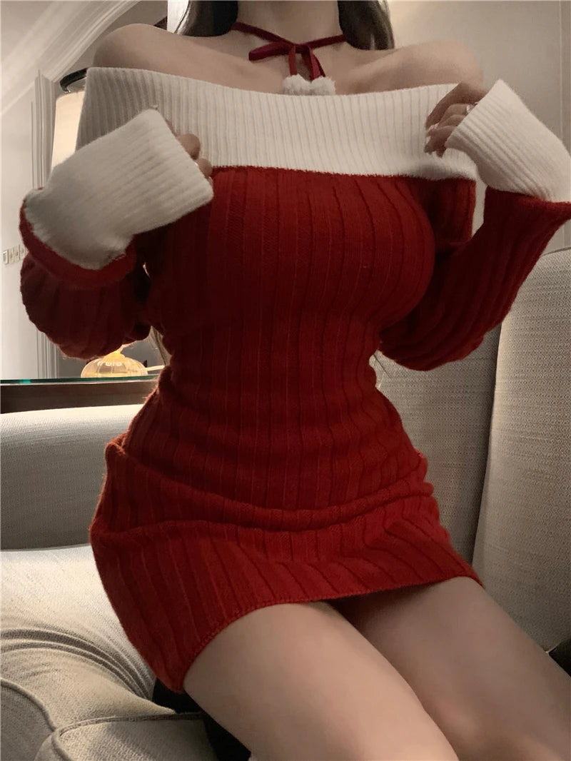 Sexy Red Christmas Dress Women Autumn Winter Korean Style Slash Neck Bodycon Knitted Dresses Female Elegant Y2k Party Mini Dress - Seprincess