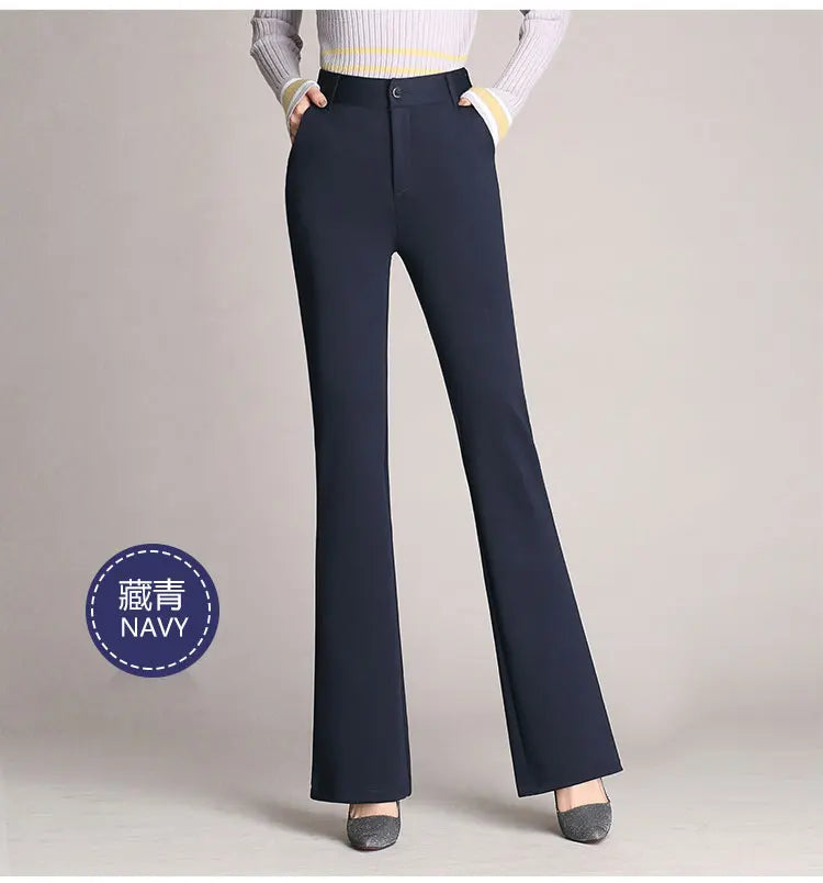 Autumn Winter Women's Pants Solid Casual Front Zipper Flared Pants OL Ladies Career Long Trousers Elegant High Waist Work Pant