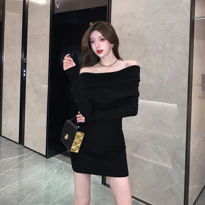 Sexy Slash Neck Mini Dress Women Vintage Elegant Black Wrap Sweater Dresses Winter Korean Red Off Shoulder Bodycon Vestidos New - Seprincess