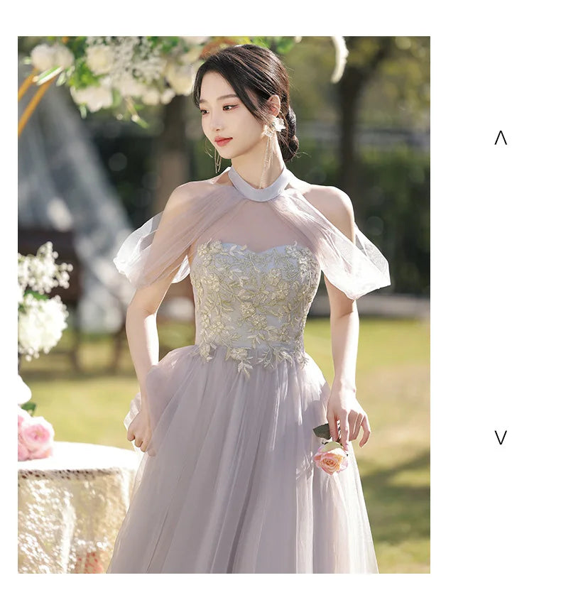 Temperament Grey Bridesmaid Dress Long Wedding Sisters Group Gown Elegant Applique Tulle Off Shoulder Banquet Party Vestido