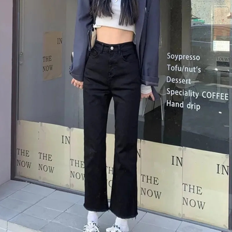 Black High-Waisted Female Denim Jeans Newly Stretched  All Match Classic Pants Straight Raw Edge Women Classic Pants