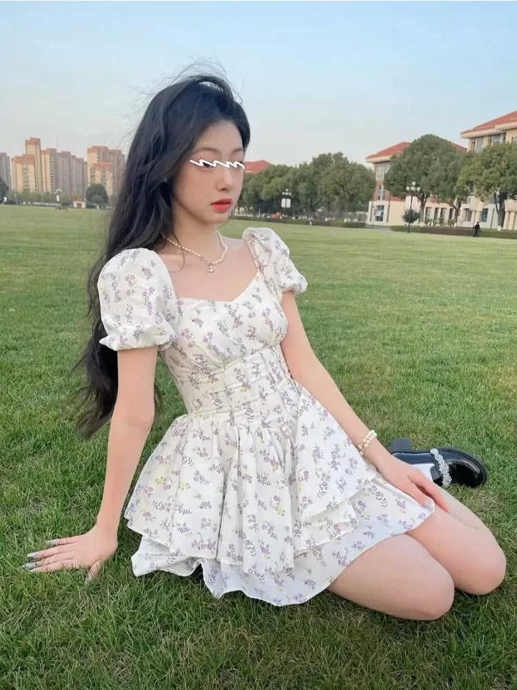 Preppy Style Dresses for Women Lovely Girls Fashion Floral Design Mini Sweet Chic Korean Young Summer Clothing All-match Casual - Seprincess