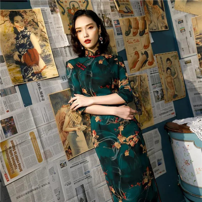 Old Shanghai Green Slim Cheongsam Spring Summer 2024 New Vintage Chinese Style Temperament Young Girl Short Sleeve Qipao Dress - Seprincess