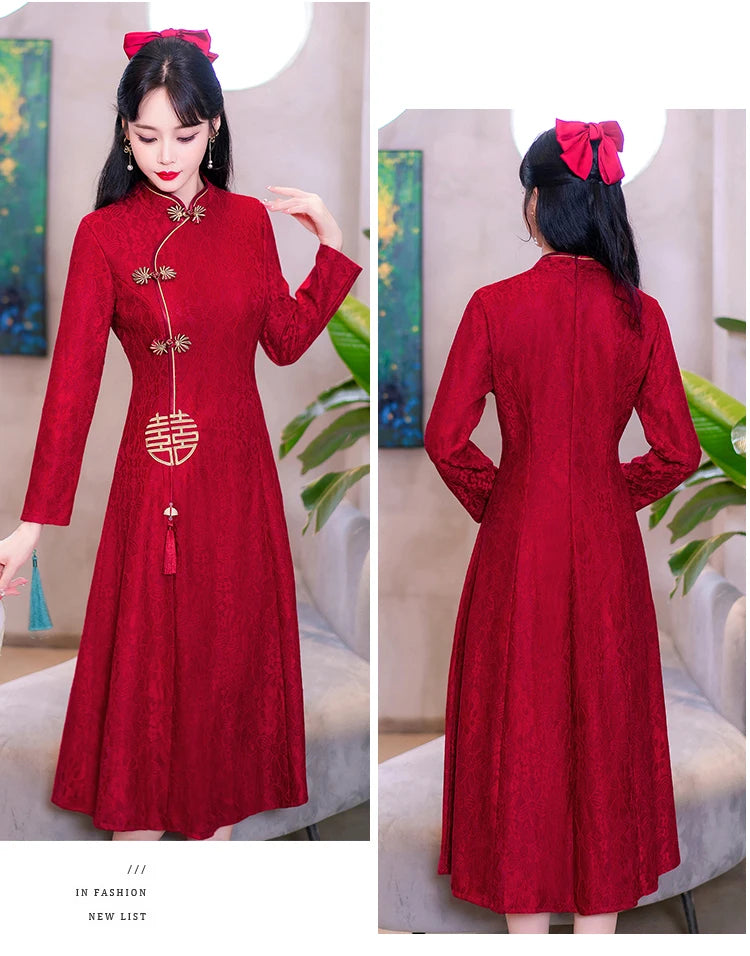 Retro Chinese Traditional Red Wedding Qipao Dress Modern Improved Long Sleeve Embroidered Cheongsam Plus Size Women Clothing CNY - Seprincess