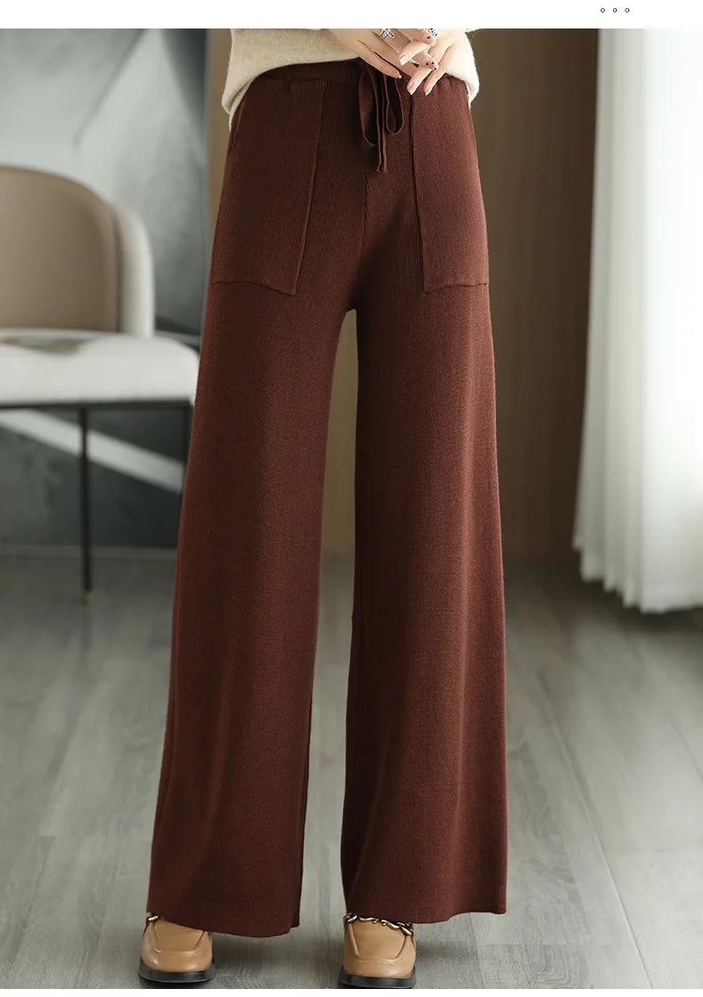 Women's Merino Wool Knitted Pants Office Lady Simple High Waist Straights Trousers Cashmere Wool Autumn Winter Thick Knitwear