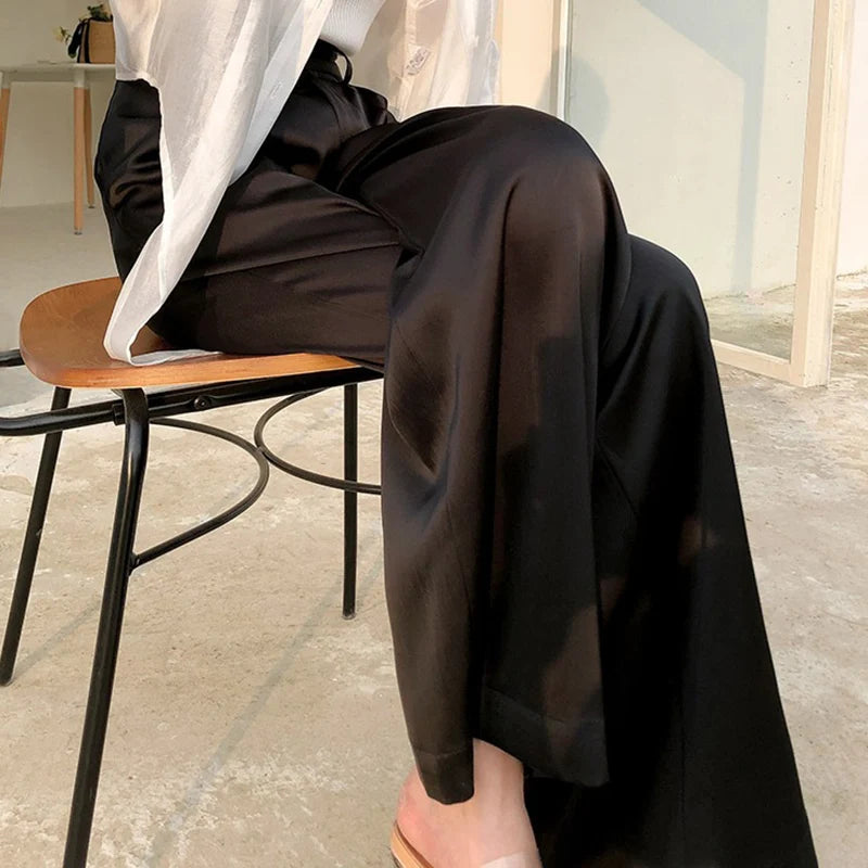 Summer Silk Satin Wide Leg Pants Thin Women Spring Office Straight Suit Trousers Classic Baggy Elegant High Waist Straight Pants