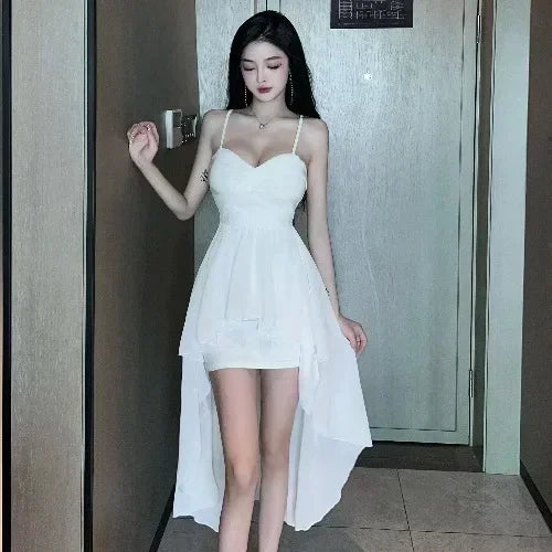 Onalippa Sexy Low-cut Strap Dress Early Spring New Temperament Feminine Irregular Waist Thin Solid Color Big Dresses Female - Seprincess