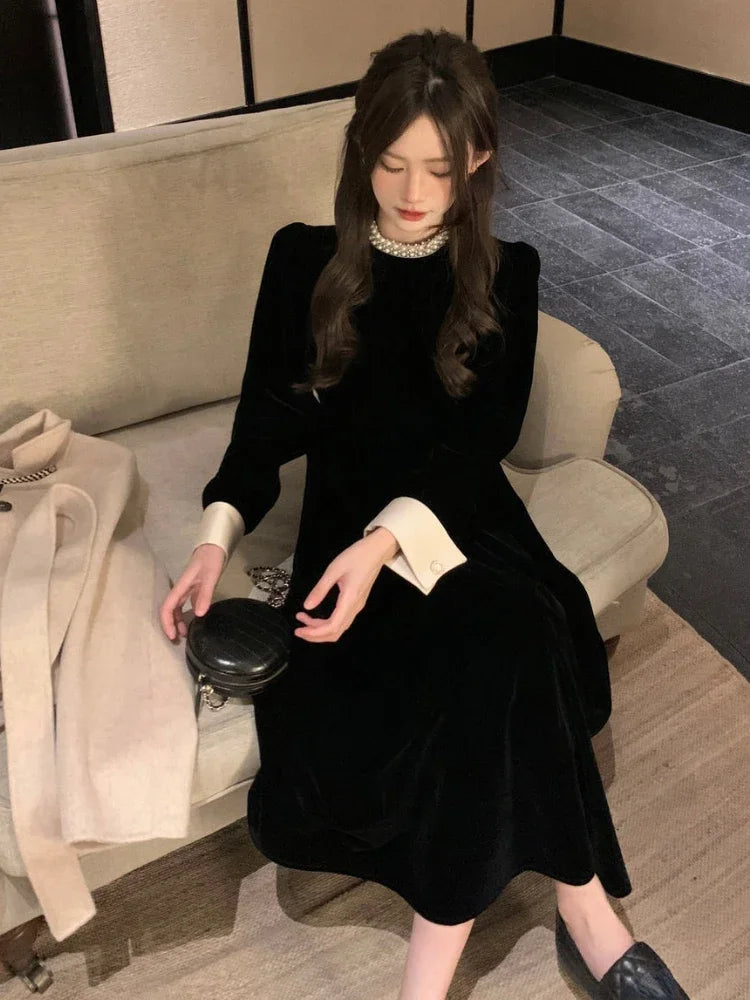 2024 Sweet Woman Party Dresses Korean Vintage Velvet Black Dress Patchwork Robe Elegant Clothes All Match Pearl Vestidos Mujer - Seprincess