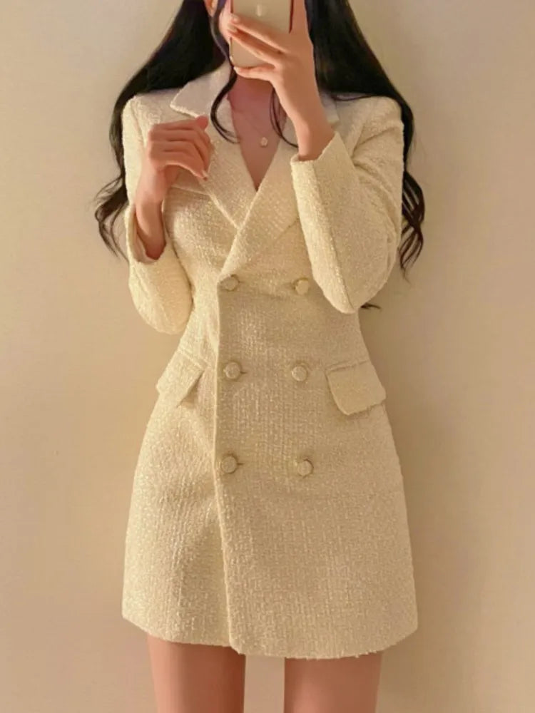 Elegant Tweed Blazer Dress Double Breasted Slim Short Dresses for Women Korean Fashion Office Lady Coat Dress Autumn Winter New - Seprincess