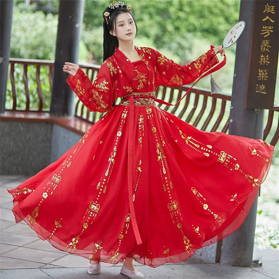 Chinese Hanfu Dress Women Traditional Vintage Hanfu Halloween Cosplay Costume Dance Dress Hanfu Gradient Red white 4pcs Sets - Seprincess