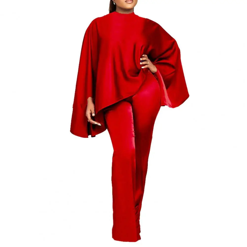 2Pcs/Set Women Faux Satin Outfit O-Neck Long Batwing Sleeve Loose Tops High Waist Long Pants Set Solid Color Elastic Outfit - Seprincess