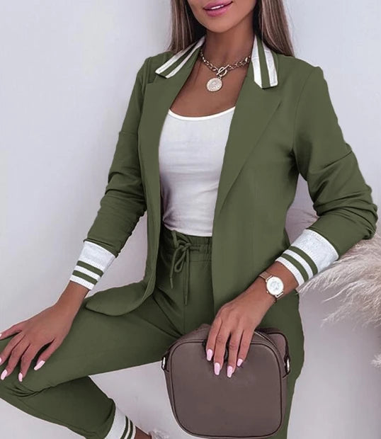 Women's Spring Double Breasted Blazer Office Pantsuit Striped Notched Collar Blazer Coat Drawstring Pants Set 2 Piece Set Female - Seprincess