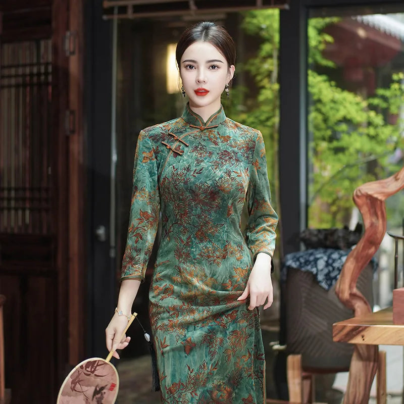 New 5 Color Women Cheongsam Improved Winter Plus Size Dress Chinese Traditional Evening Dresses Long Qipao Costume - Seprincess