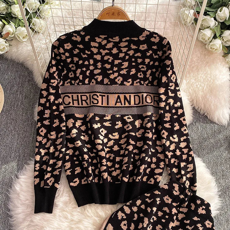 Chic Fashion Korean 2PC Suits Ladies O-Neck leopard-print Knitting Cardigan+High Waist Wide Legs Pants Basic Casual Sets