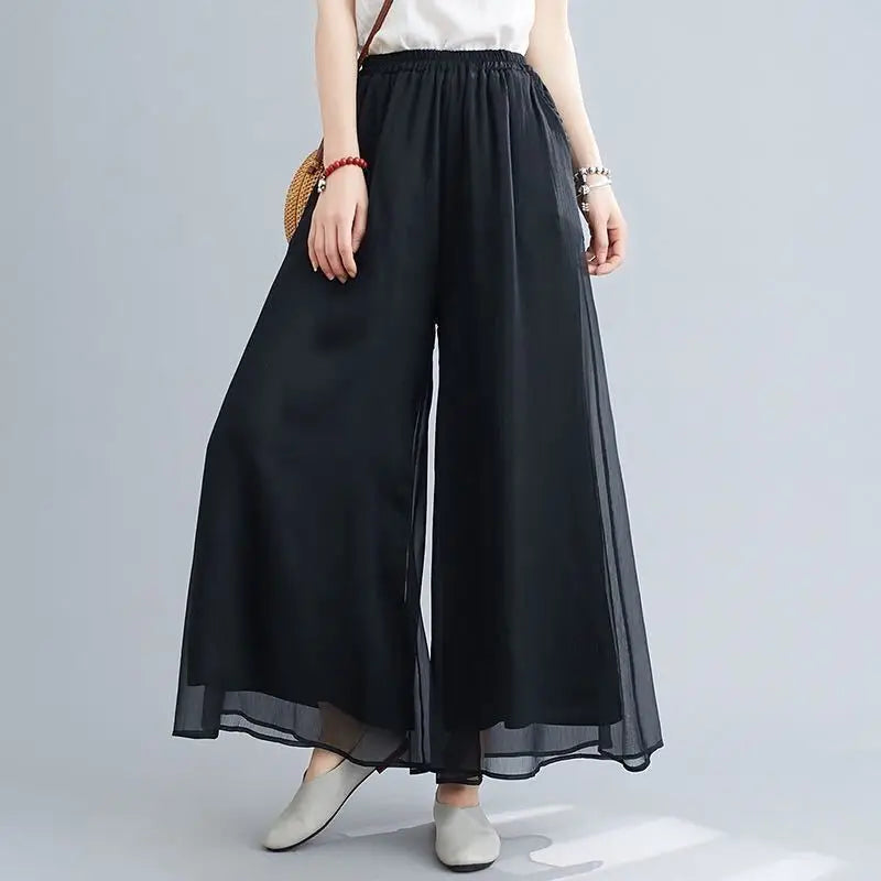 Women Chinese Classical Dance Clothing Female Elegant Trousers Practiice Clothes Modern Elastic Waist Ethnic Pants White Black - Seprincess