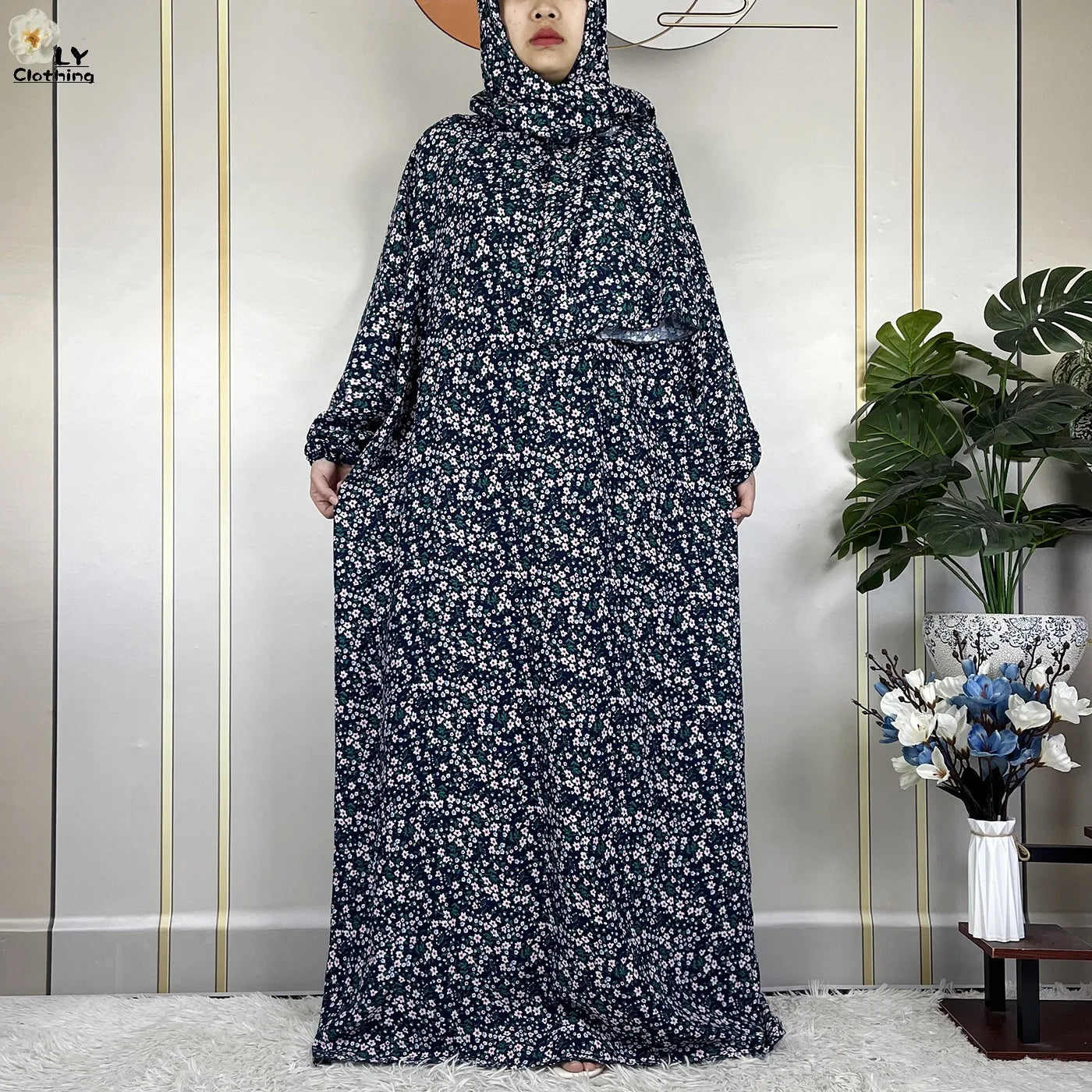 2024Latest Muslim Abayas For Women Ramadan Prayer Maxi Dubai Turkey Femme Cotton Robe Floral Loose African Dress Turban Attached