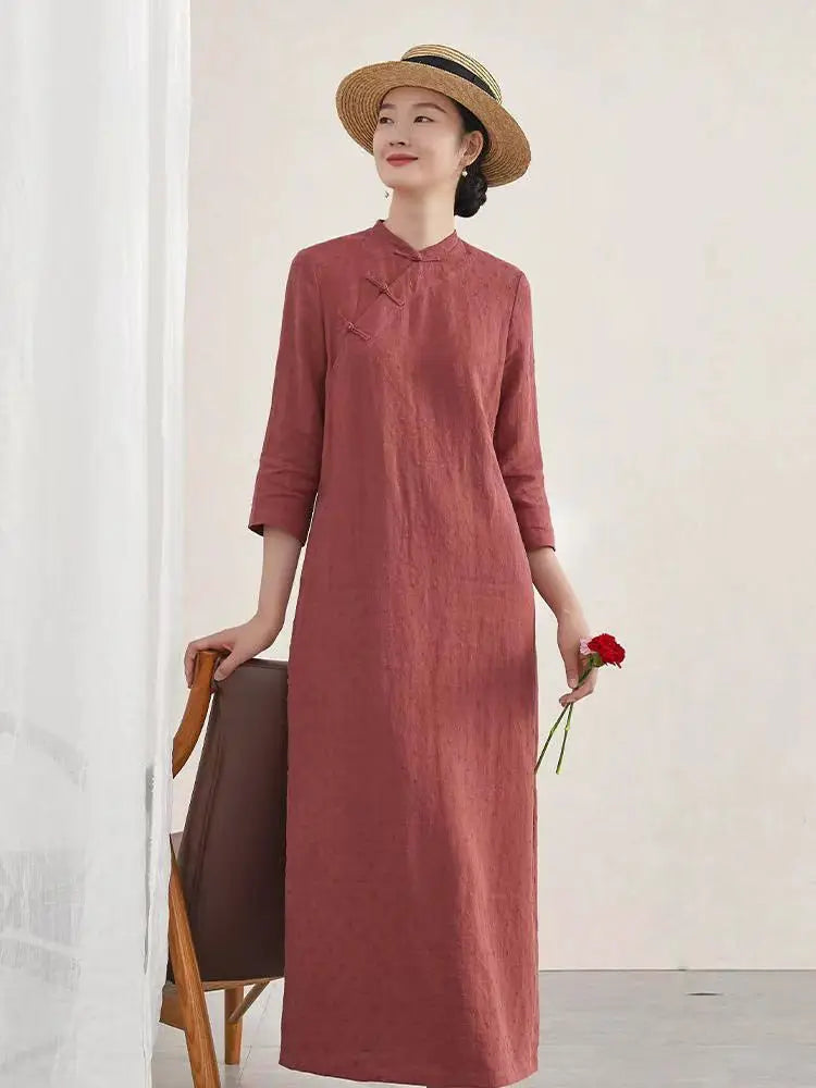 Spring summer chinese loose dress cheongsam half sleeve qipao Daily cotton linen qipao robe chinoise vestido zen tea dress - Seprincess