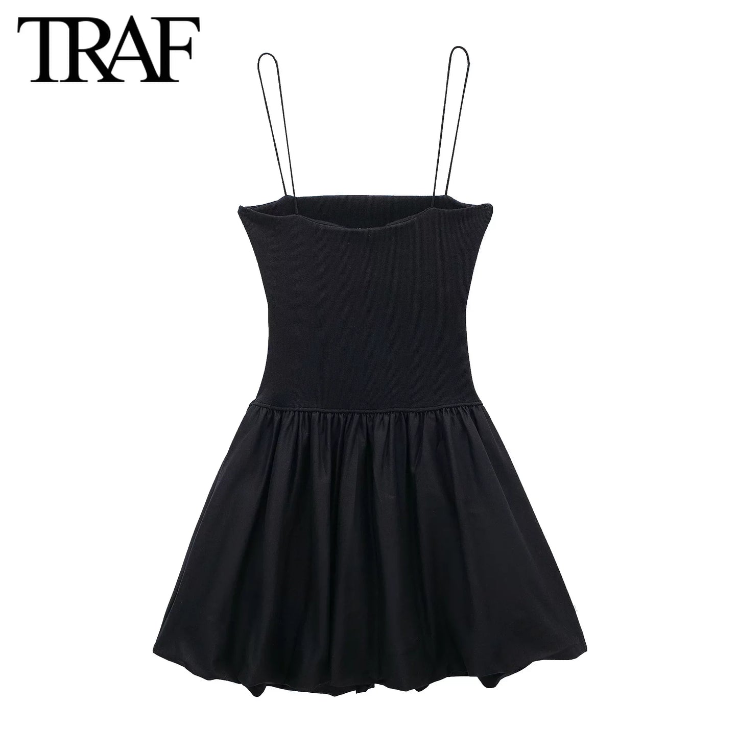 TRAF Women Fashion Summer Sexy Sling Backless Puffy Poplin Rib Stitching Dress Chic Female French Elegant Evening Mujer - Seprincess