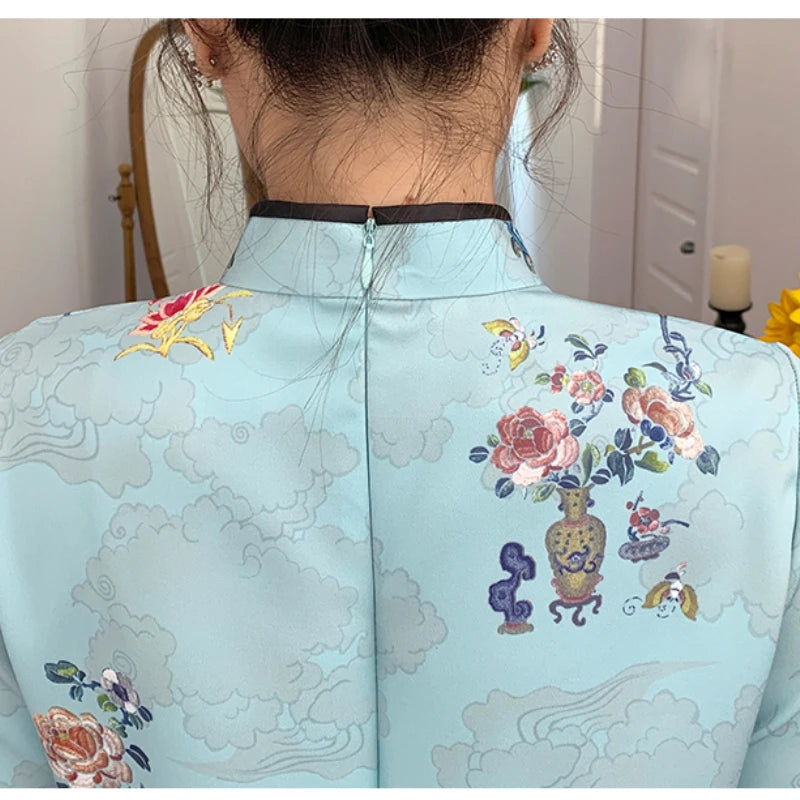 Ins Red Blue Loose 2021 New Fashion Modern Chinese Cheongsam A-line Dress Women 3/4 Sleeve Qipao Traditional Chinese Clothes - Seprincess