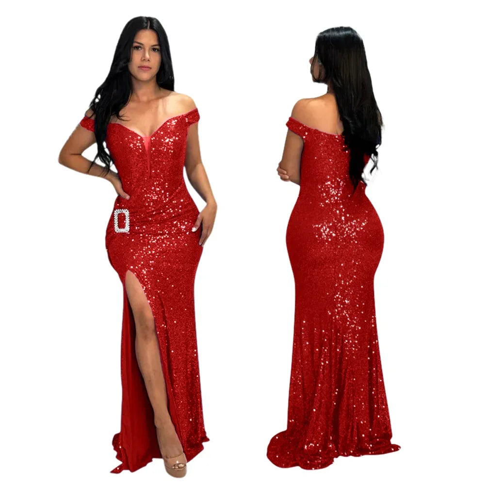 Women Sequined Split Mermaid Maxi Dress 2024 Fall Birthday Slash Neck Ruched Sexy Evening Party Long Dresses Vestidos - Seprincess