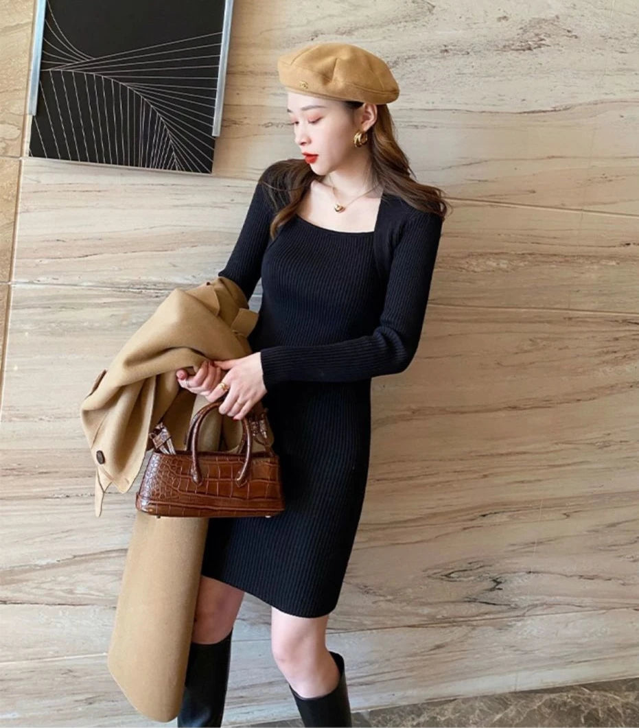 For Fall and Winter Bodycon Bandage Female Knit Evening Dresses White Korean Fashion Black Wrap Woman Knitted Sweater Dress Sexy - Seprincess