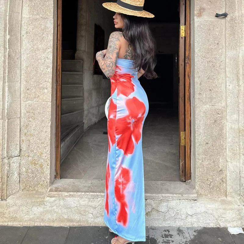 Sexy Strapless Print Tube Maxi Dress Women Off Shoulder Backless Stretch Long Sundress 2024 Summer New Beach Y2K Clothes - Seprincess