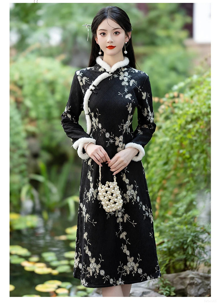 Fashion Chinese Style Traditional Fleece Thick Qipao Dress Winter New Printed Black Cheongsam for Women - Seprincess