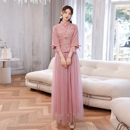 Chinese Wedding Dresses Qipao Traditional Bridesmaid Elegant Khaki Pink Cheongsam Modern Three Quarter Sleeves Outfits for Girls - Seprincess