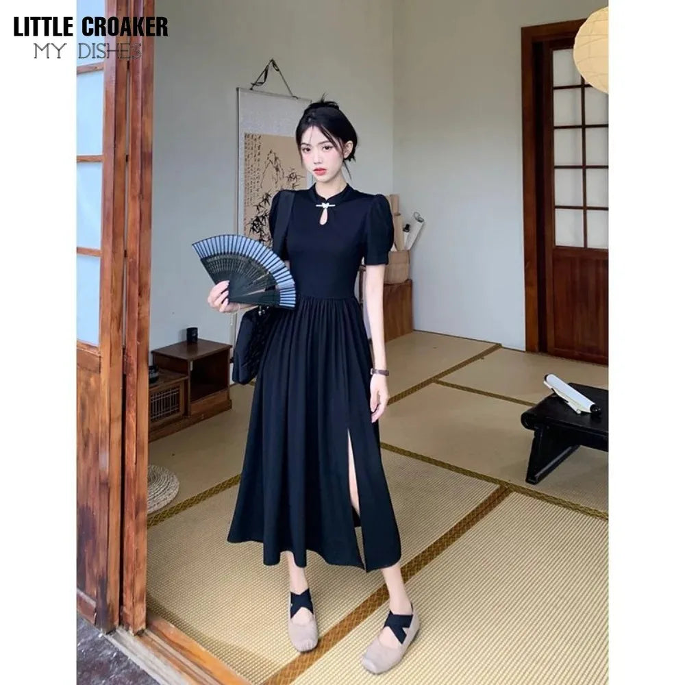 New Chinese Style Improved Cheongsam Dress New Summer Qipao Temperament Black Large Swing Split Midi Qi Pao Dress Woman - Seprincess