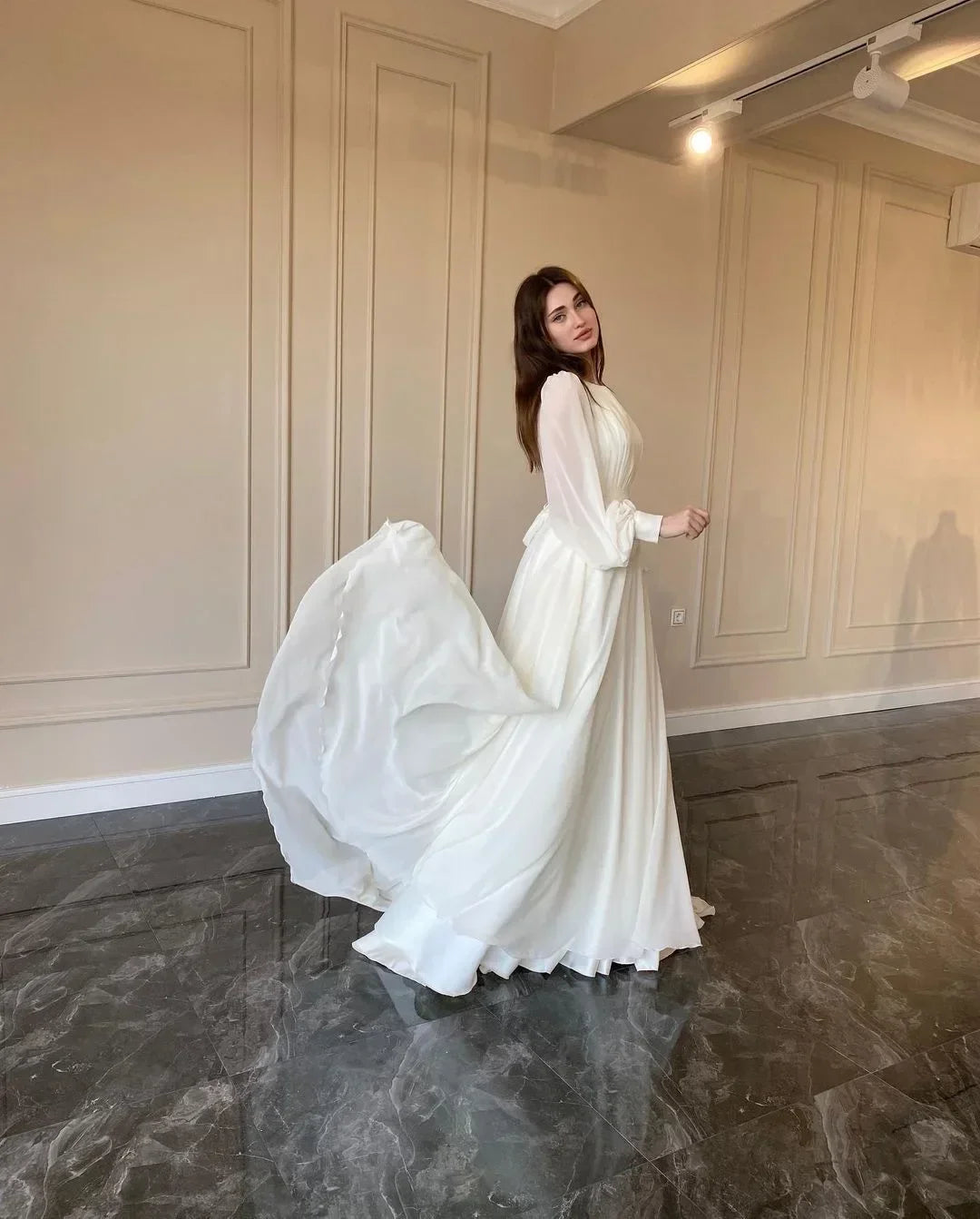 Fashion Elegant Lantern Sleeve O-Neck Sexy Large Swing Long Dress Lady Club Party Ball Gown White Pearl Yarn Wedding Dresses - Seprincess