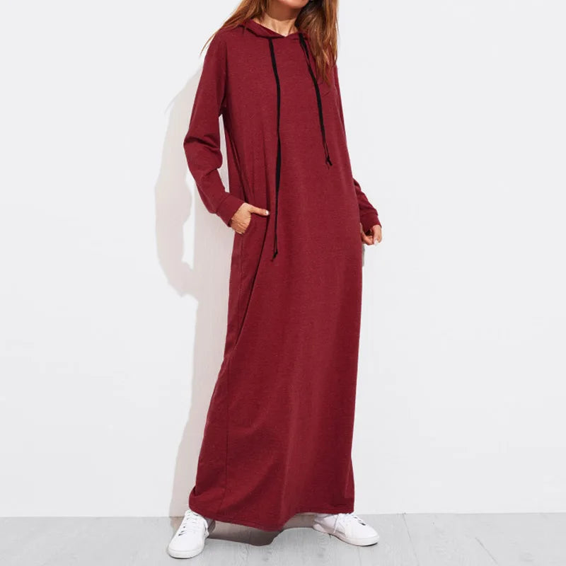 Celmia 2024 Autumn Women Hooded Maxi Dress Casual Solid Long Sleeve Pockets Party Hoodies Dress Long Vestido Robe Drawstring - Seprincess