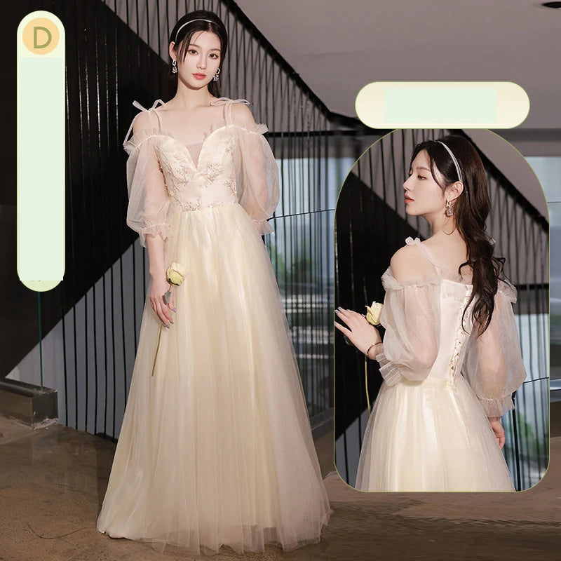 Champagne Bridesmaid Dress Women's Sweet Tulle Embroidery New Temperament Sisters Evening Dresses A-Line Wedding Party Gown - Seprincess