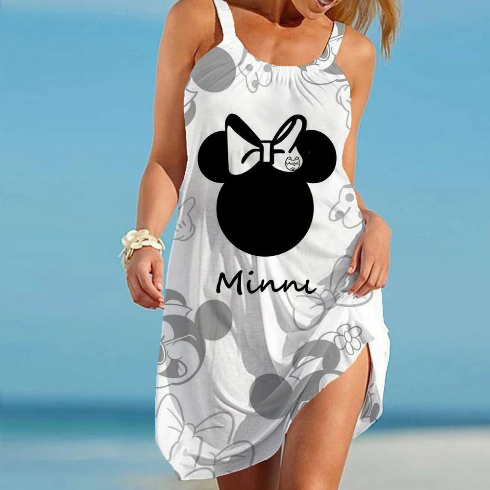 Disney Minnie Mickey Mouse Women Dresses 3D Dye Print Fashion Sleeveless Summer Halter Casual Sexy Dress Loose Kawaii Dress - Seprincess